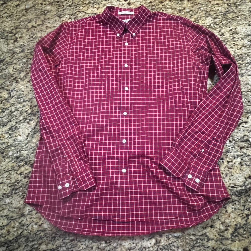 LL Bean Mens XL Slim Fit Wrinkle Resistant Plaid Button Down Shirt Red